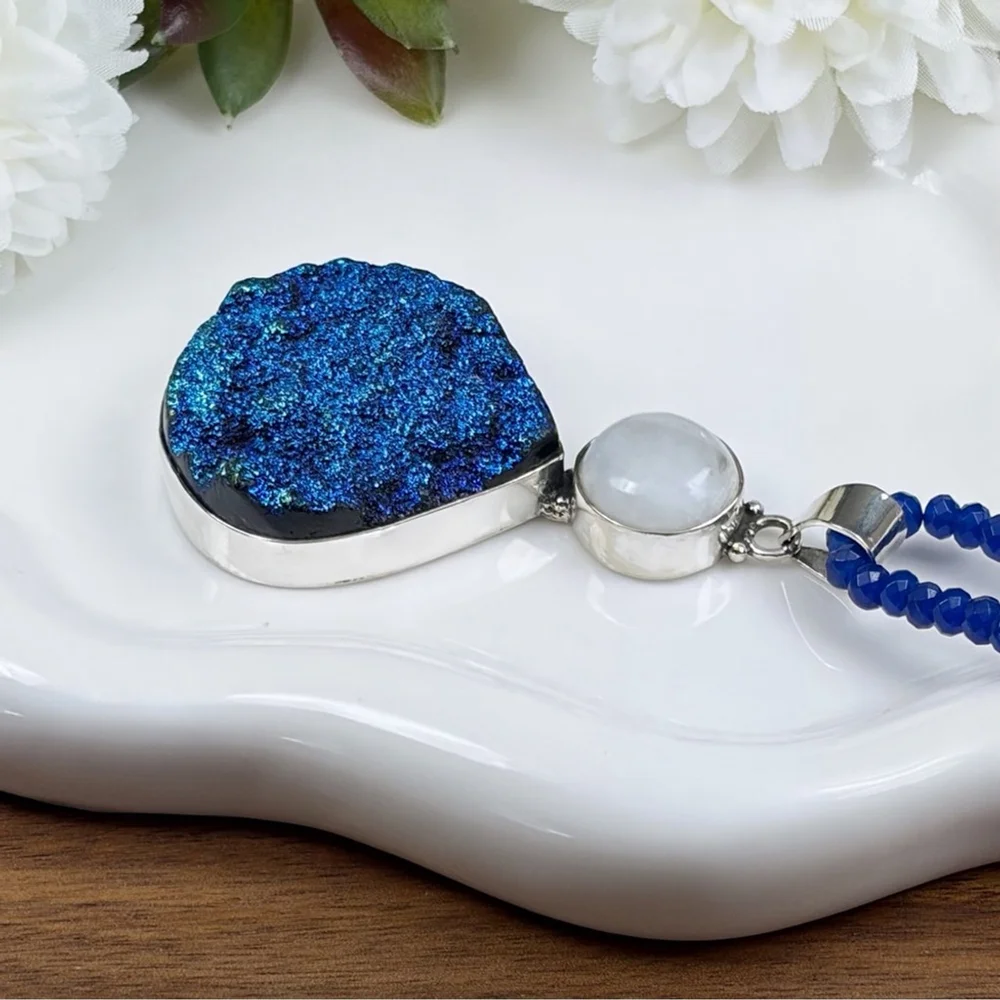 Genuine Titanium Druzy Quartz Moonstone Pendant Necklace Jewelry Set Lot 925